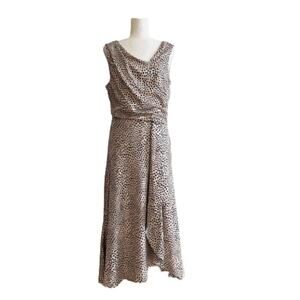 Just Taylor Black Tan Dot Drape Asymmetrical Neck Sleeveless Midi Dress Size 10